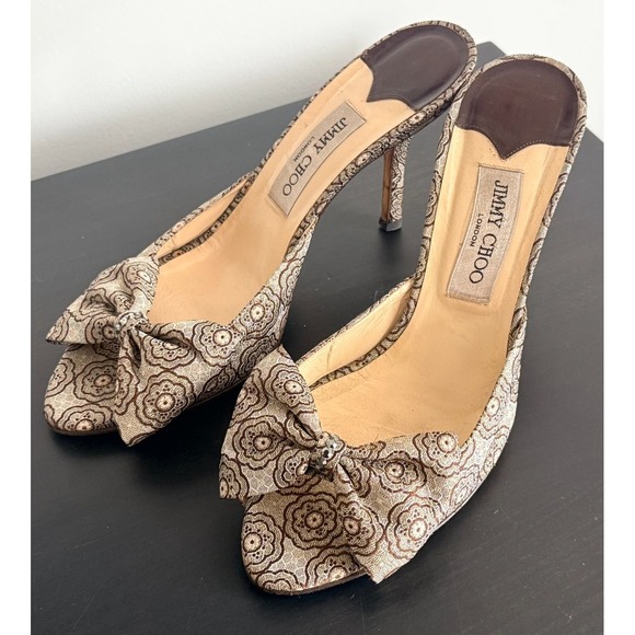 Jimmy Choo Size 40 Kerala Brocade‎ Gold Brown EUC Crystal Mules Shoes Stiletto